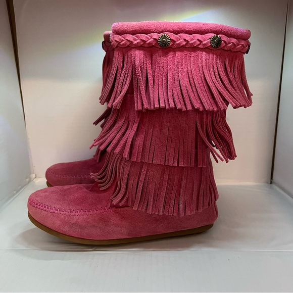 MINNETONKA Moccasin 3 Layer PINK Fringe Suede Boots Shoes Zip Girls 4 •MUST SEE• - Picture 5 of 12
